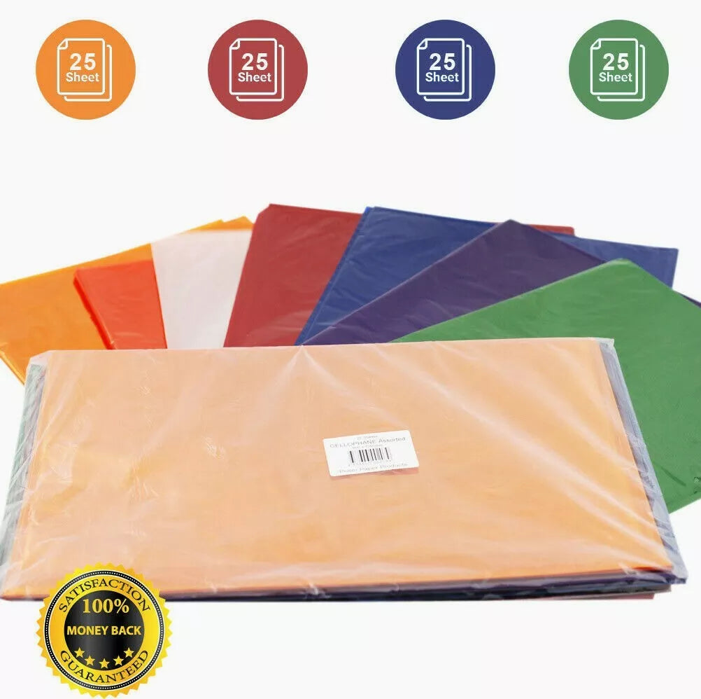 Cello Sheets Mixed Color 25 Pack Gift Wrapping Cellophane 75cm x 100cm Premium